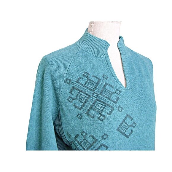 Vintage Womens Woolrich Atlantic Cotton Turquoise Snowflake V Neck Sweater Sz M - Picture 3 of 11